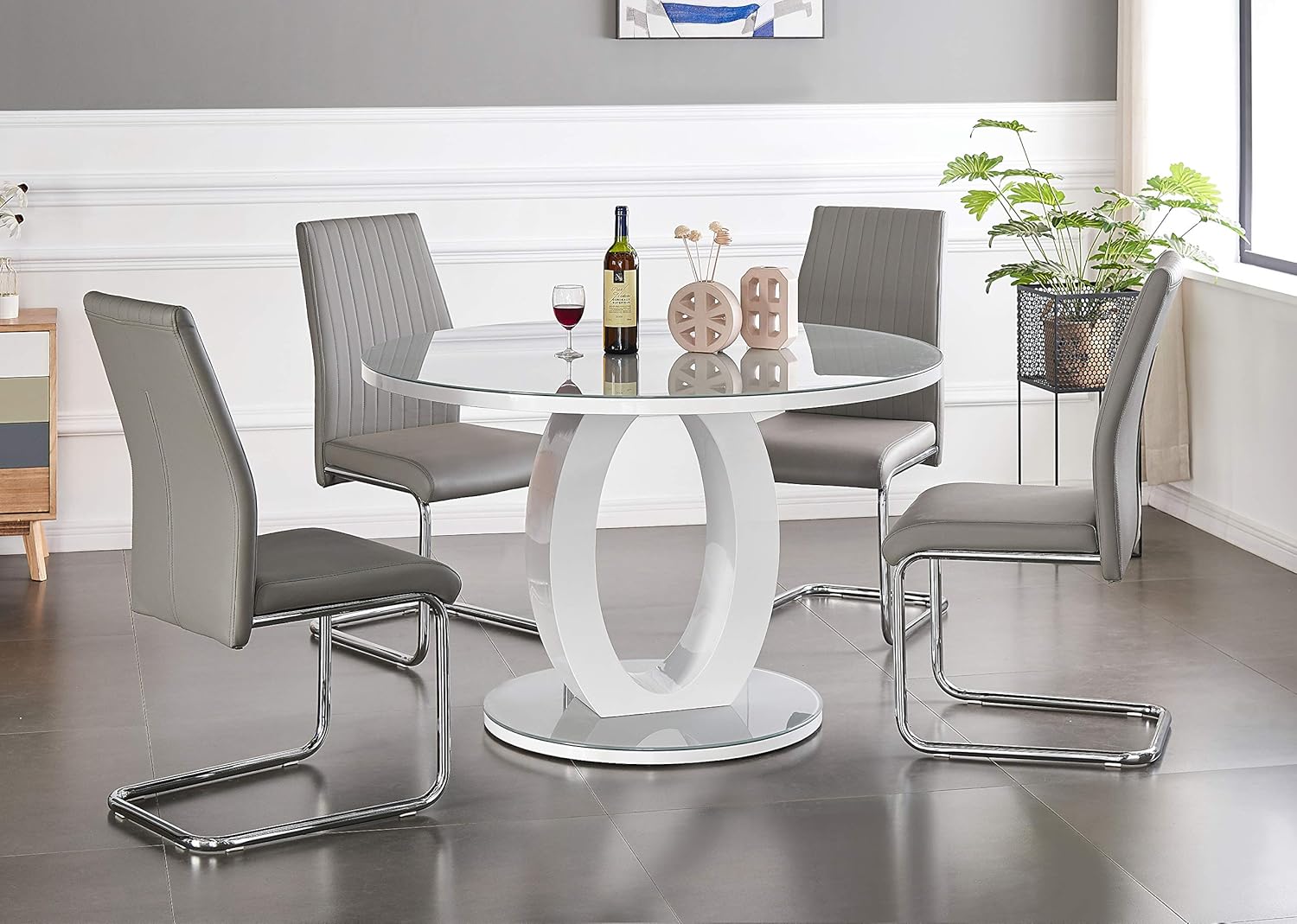 Furniturebox Uk Giovani Modern Grey White High Gloss And Glass Large Round Dining Table And 4 6 Modern Lorenzo Chairs Set Dining Table Elephant Grey Lorenzo 4 Chairs Amazon Co Uk Kitchen Home