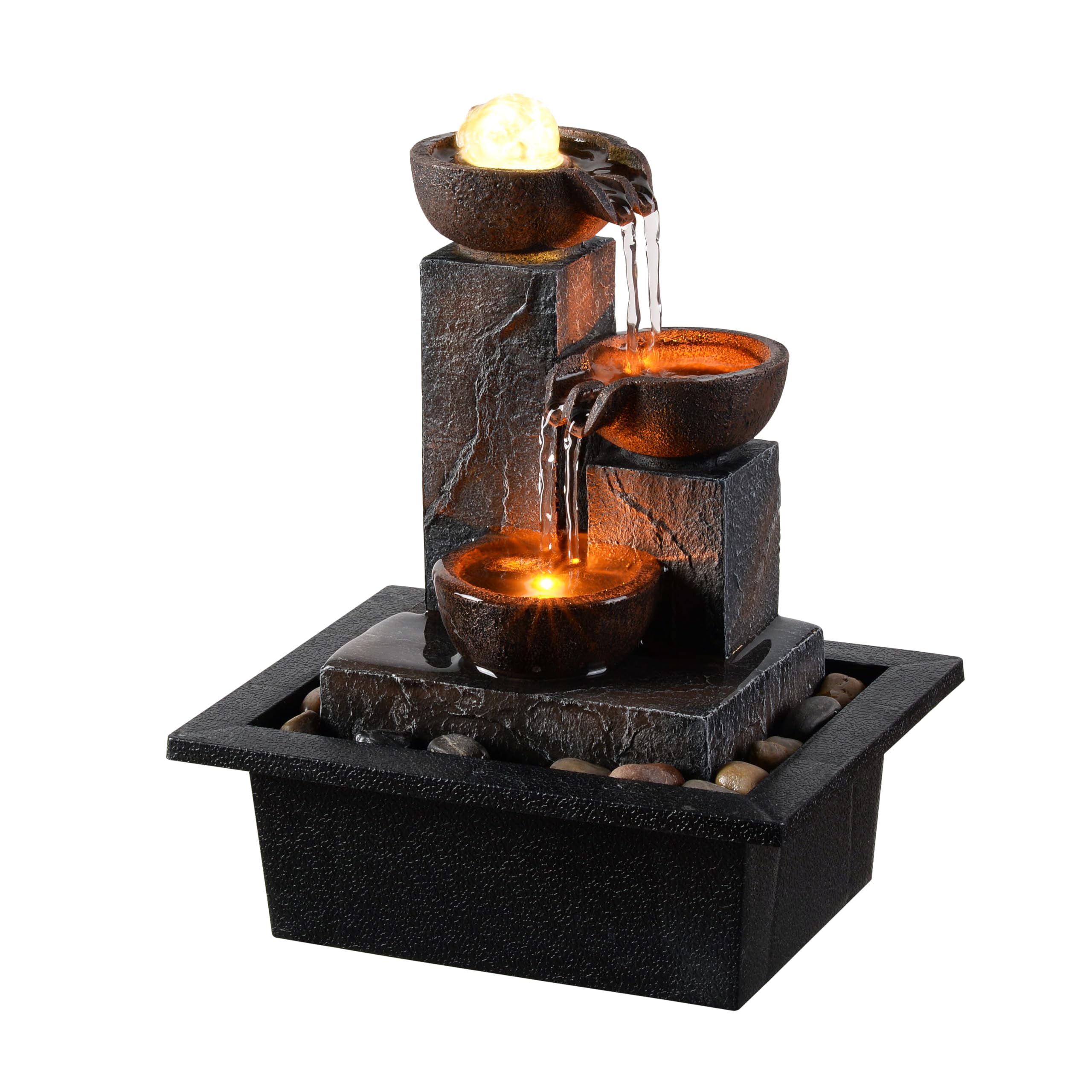 Photo 1 of Tolevoit Three Bowls with Rotating Ball Flowing Tabletop Fountain Home Décor Indoor/Outdoor Decor Waterfall Sound Zen Mini Fountain Warm Led Light Pebbles Stone(23114)