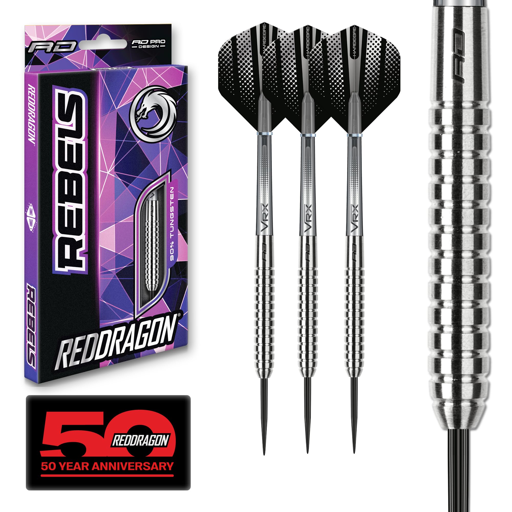 RED DRAGON Rebel 25g - Custom Professional Tungsten Steel Tip Darts Set with Flights and Stems