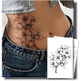 Tattoo Tech, 2 Sheets Large Semi Permanent Tattoo, Lasts 7-15 Days Temporary Tattoos(Flowers with Branches), Waterproof and Non-Reflective, for Arm Thigh Back