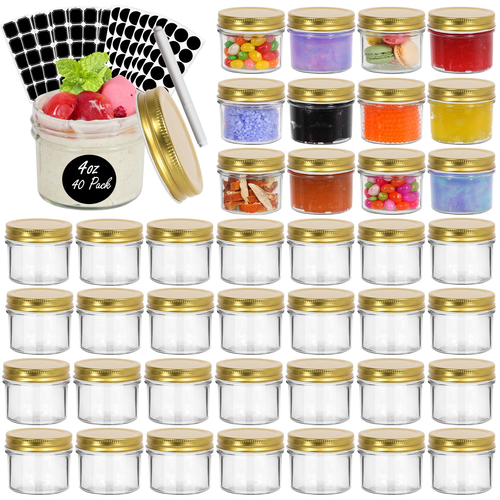 Photo 1 of EkkoVla 40 Pack 4 oz Glass Jars with Golden Lids, Regular Mouth Mini Mason Jar, Canning Jars for Honey, Jam, Jelly, Wedding Favor, Shower Favor, Body Butters, Spice