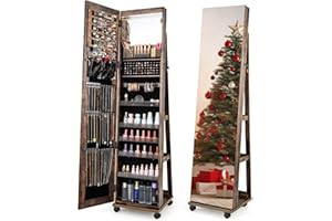 CHARMAID Jewelry Cabinet Armoire with Wheels, 64" H Full Length Mirror, 3-Color LED Lights, Height Adjustable Shelves, Lockable Standing Jewelry Organizer with Back Storage Shelves (Rustic Brown)