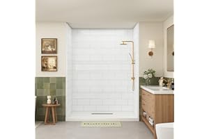 Bathlink Shower Wall Panels, 32D x 60W x 79H, Solid Surface Waterproof Wall Panels for Showers, Shower Surround Wall Kit, Glossy White Brick-Look Finish, 1" (25.4mm) Thick, Grid-Reinforced Backing