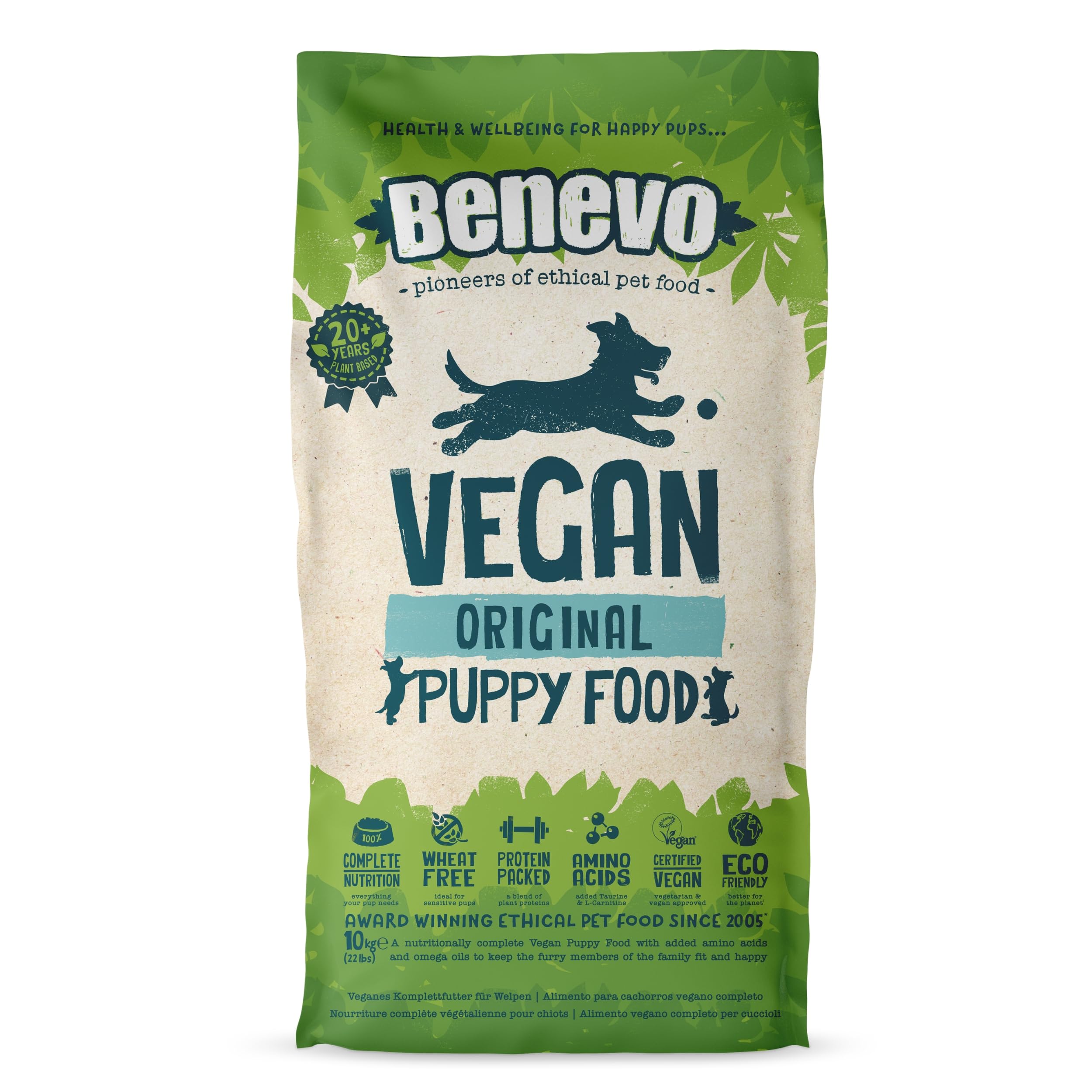 Benevo Vegan Puppy Food Dry (10kg) Hypoallergenic, Wheat Free & Non GM, With Essential Fatty Acids, Taurine, & L-carnitine, For Large & Small Breeds, Pure Veg, Approved By PETA & Vegan Society UK