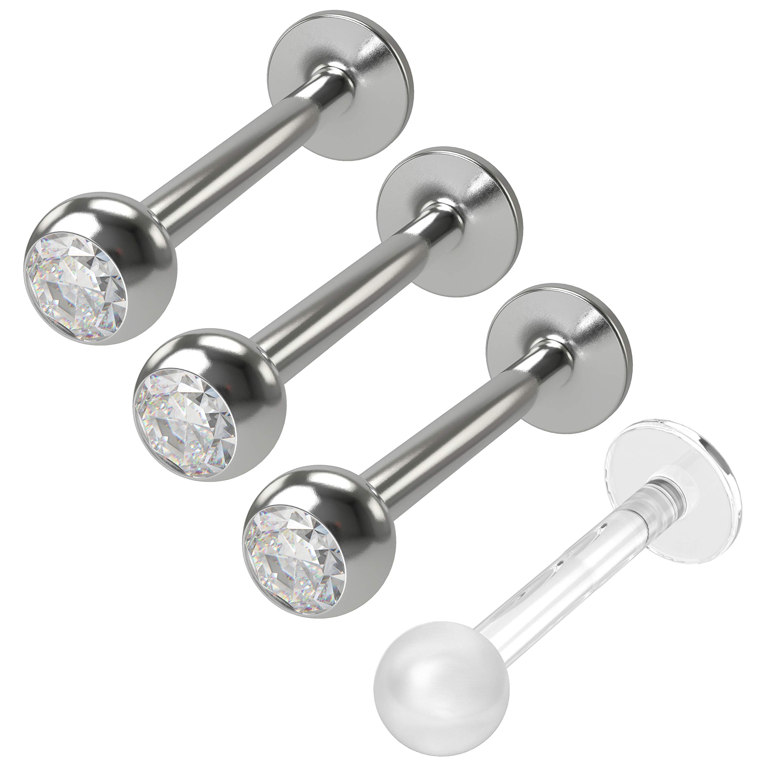Evonix 2pc 14g 1.6mm Labret Bar 5mm CZ Crystal Monroe Lip Rings Stud Earrings 10mm Piercing Jewellery