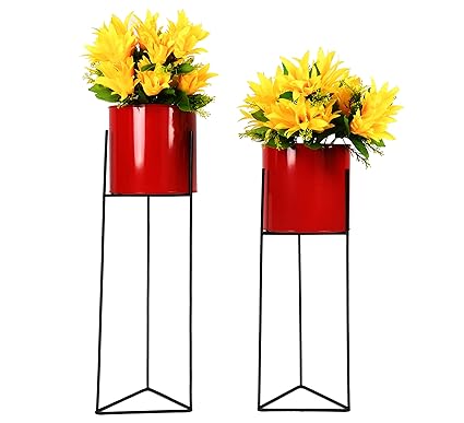 HINS Iron Metal Cylinderical Flower Planter With Long Stand Set Of 2 For Indoor & Outdoor Gardening Home Decore (Red)I Plant Stands For Indoor Balcony I Plant Bench I Plant Stands I Pot Stand Single I Potted Plant Stand I Big Pots I Metal Plant Stand I Tall Outdoor Planter I Metal Casters I Large Plant Stand I Pot Stands For Garden I Indoor Plants Stand I Iron Plant Stand I Terrace Garden Stand I Garden Rack I Iron Stand For Pots I Pots Stand I Indoor Planter W