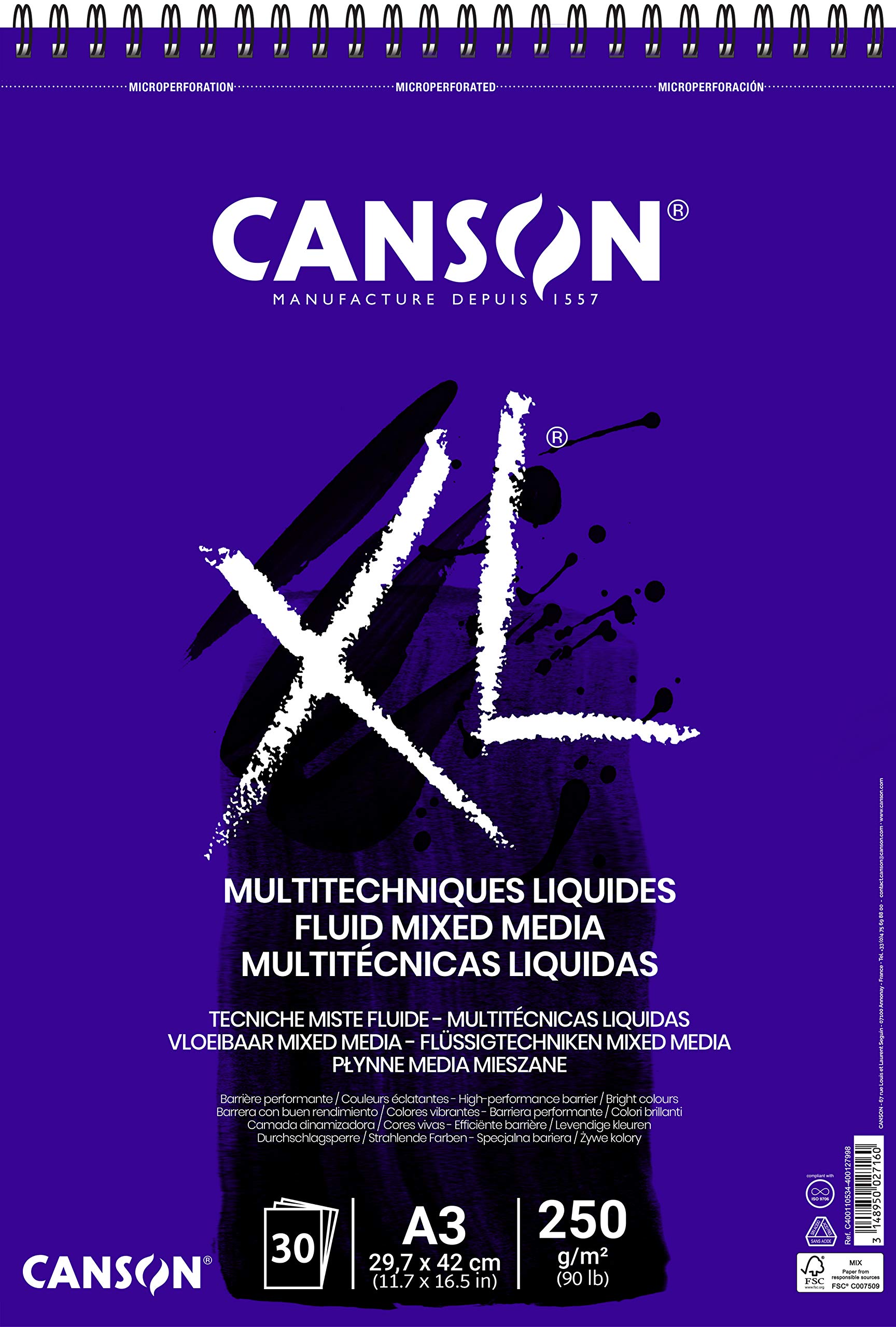 CANSON XL Fluid Mixed Media 250gsm A3 Paper, Smooth, Spiral Pad Short Side, 30 Extra White Sheets, For Professional Artists & Illustrators