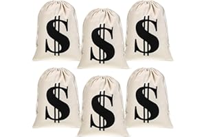 Sunnymove 6 Pcs Large 11.8 x 15.7 Inches Money Bag Prop Canvas Drawstring Money Bag Dollar Sign Carrying Sack for Bank Robber Pirate Cowboy Cosplay Theme Halloween Party Favors(White)