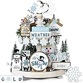 Tatuo 20 Pieces Winter Tiered Tray Decor Snowman and Snowflakes Winter Tiered Tray Decoration Set Wooden Decorations Snowflake Tabletop Decor Wooden Signs