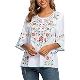 Mexican Shirts Peasant Blouses for Women Cotton Embroidered Blouses Fiesta Summer Bohemian Shirts 3/4 Sleeves