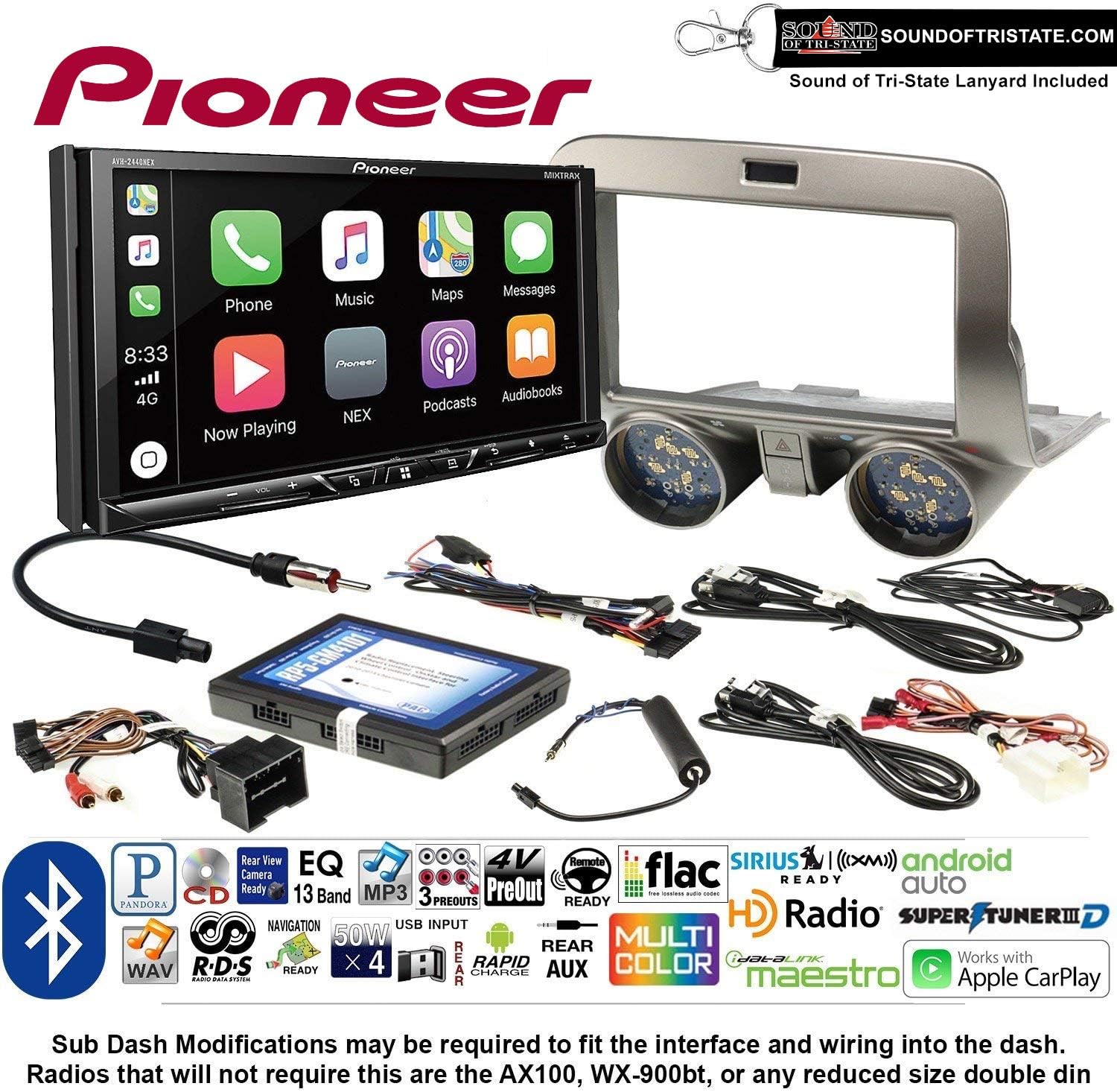 Sound of Tri-State Pioneer AVH-2440NEX Double Din Radio Install Kit with Apple CarPlay, Android Auto and Bluetooth Fits 2010-2015 Chevrolet Camaro Lanyard