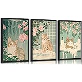 3Pcs Cute Funny Japanese bathroom Cat Canvas Wall Art plant flower Tabby Cat Posters Prints paintings Vintage Japan Toilet Wall Decor Pictures for Bathroom Toilet Home Decoration Unframed