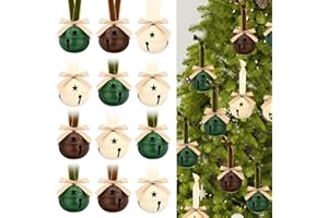 Jenaai 12 Sets 2 Inch Christmas Jingle Bells with Ribbon Green Brown Beige Large Metal Cutout Craft Bells Hanging Ornaments for Christmas Tree Xmas Decoration Crafts Party Favors Stocking Stuffer