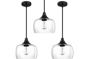 SEENMING HOUSE 3 Pack 1 Light Hanging Indoor Kitchen Island Pendant Ceiling Light 8.2" Drum Clear Seeded Glass Shade Fixture,Black Finish Modern Farmhouse Dinning Over Sink Adjustable Rod
