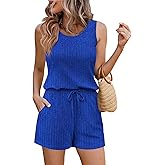 Ekouaer Rompers for Women Summer 2026 Casual Sleeveless Scoop Neck Tank Top Ribbed Short Jumpsuits Romper with Pockets