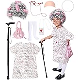 CONGRU 9 PCS Old Lady Costume for Kids,100 Days of School Costume Girls,Granny Grandma Costume Kids Old Lady Wig Accessories