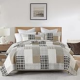 DDUOXIN Plaid Quilt Set - 100% Cotton Farmhouse Queen Quilt with 2 Pillow Shams, Lightweight Comforter Bedspread Soft 3 Piece Bedding Set for All Seasons, Brown/Gray/Beige
