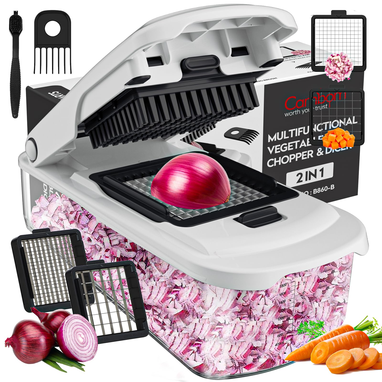 Photo 1 of *MAJOR DAMAGE*
Cambom Vegetable Chopper With Container, Multifunctional Food Chopper Onion & Vegetable Cutter Dicer With 8 Blades, Carrot & Veggie Slicer 2 Blades