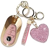Simocky Key Fob Cover with Diamond Keychain for Mercedes Benz Car Key Shell Compatible with 2020-2022 Benz S-Class G-Class E-Class Smart Remote Key Protector for Women (3 Buttons-Pink Heart)