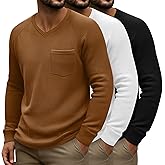 Baggyfly 3 Pack Men's Waffle Shirts Long Sleeve V Neck Raglan Sleeve Knit Tops Casual Thermal Undershirts with Pocket Regular
