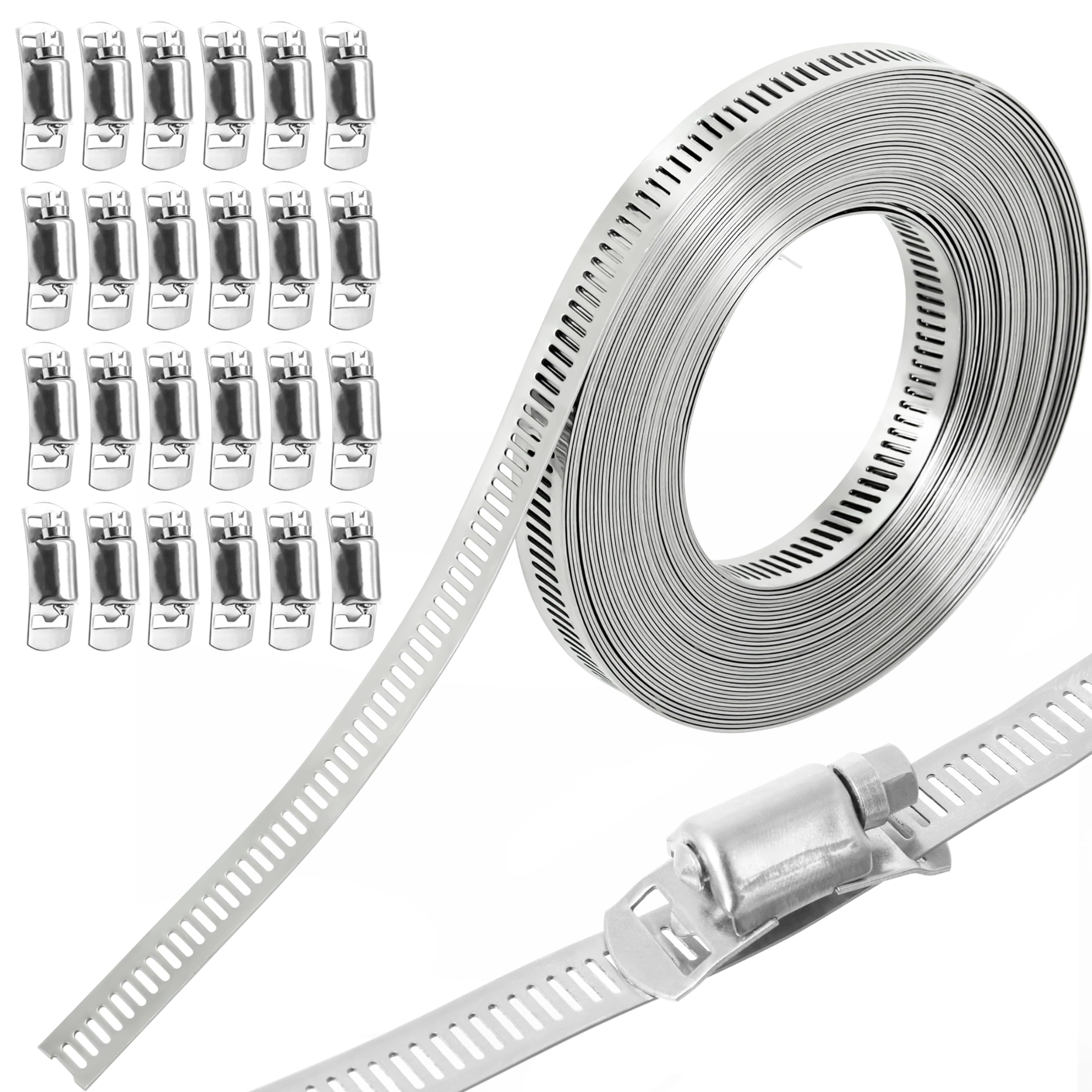 Photo 1 of Hose Clamps 33FT Metal Strap + 24 Fasteners, DIY Cut-To-Fit Stainless Steel 304 Adjustable Worm Gear Hose Clamps, abrazaderas para mangueras for Pipe/Duct/Tube