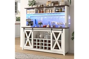 HLIVELOOD 63"Wide 58"H Farmhouse Coffee Bar Cabinet with LED Light,Wine Bar Cabinet w/ 4 Storage Hutch,Kitchen Buffet Cabinet w/Sliding Barn Door & 15 Wine and Glass Racks for Kitchen Dining Room(Antique White)