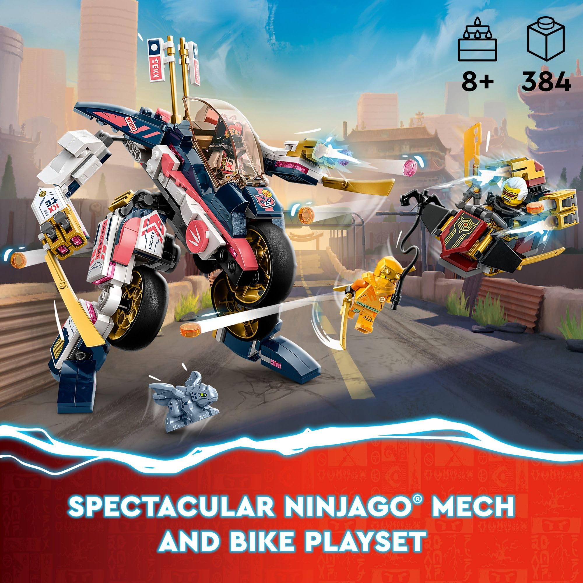 LEGO NINJAGO Sora’s Transforming Mech Bike Racer Building Toys for Kids, Featuring a Mech Ninja Bike Racer, a Baby Dragon and 3 Minifigures, Gift for Kids Aged 8+, 71792