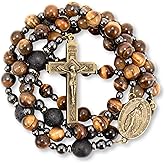 Nazareth Store Rosary Beads for Men, Catholic Rosary Necklace, Tiger Eye Beads Strong Rosary Cross Necklace in Portable Gift Box