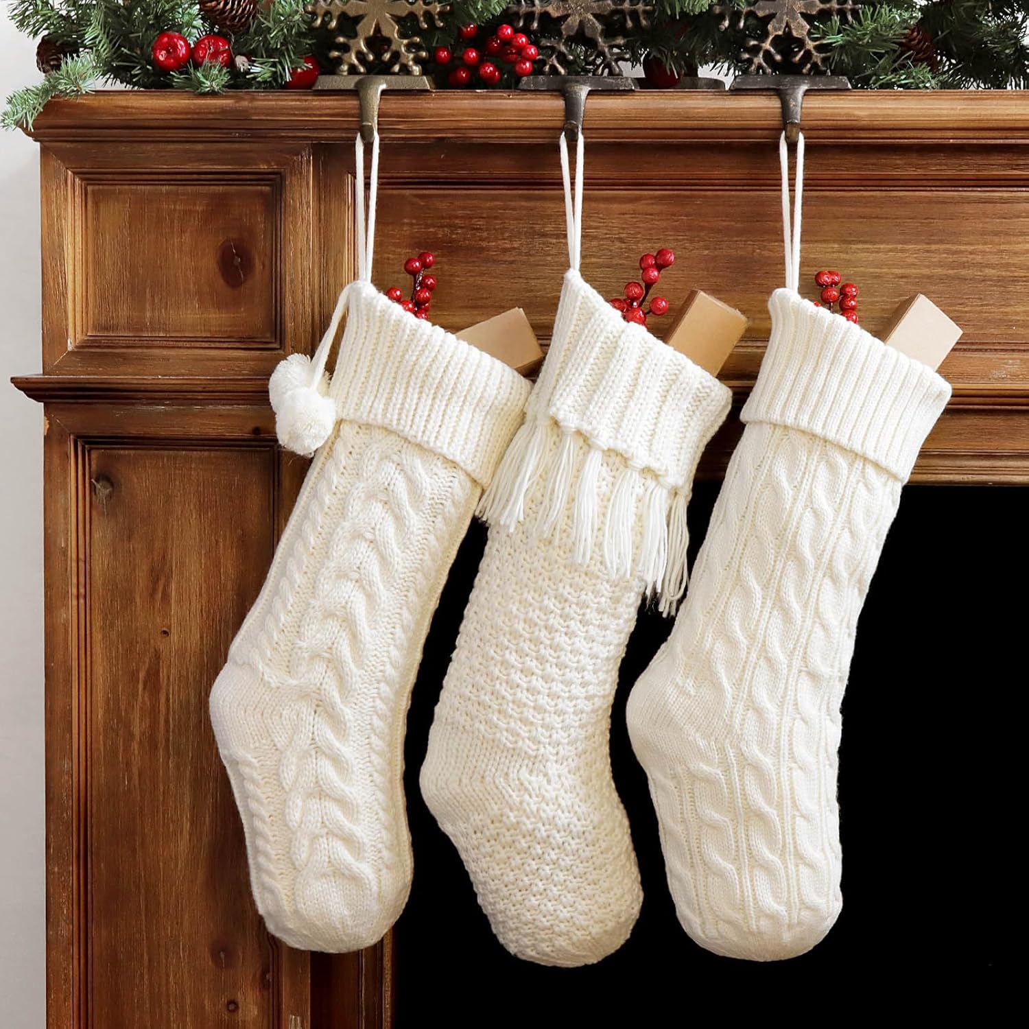 Stockings & Holders - LimBridge Christmas Stockings Cable Knit, 3 Pack 18 inches White Large Size Knitted Stockings, Rustic Christmas Ornaments Farmhouse Personalized Stocking Decorations for Family Holiday Season Decor