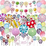 Candyland Party Supplies Set - 64pcs,Candy Party Decorations with Lollipop Banner,Sweet Candy Balloons,Candy Cake Toppers,Lat