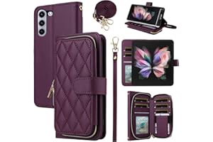 Furiet Wallet Case for Samsung Galaxy Z Fold 5 5G 2023, Wrist Strap Crossbody Shoulder Strap, 9+ Card Slots Zipper Purse, Luxury PU Leather Stand Cell Phone Cover for ZFold5 Z5 G Fold5 5Z Deep Purple