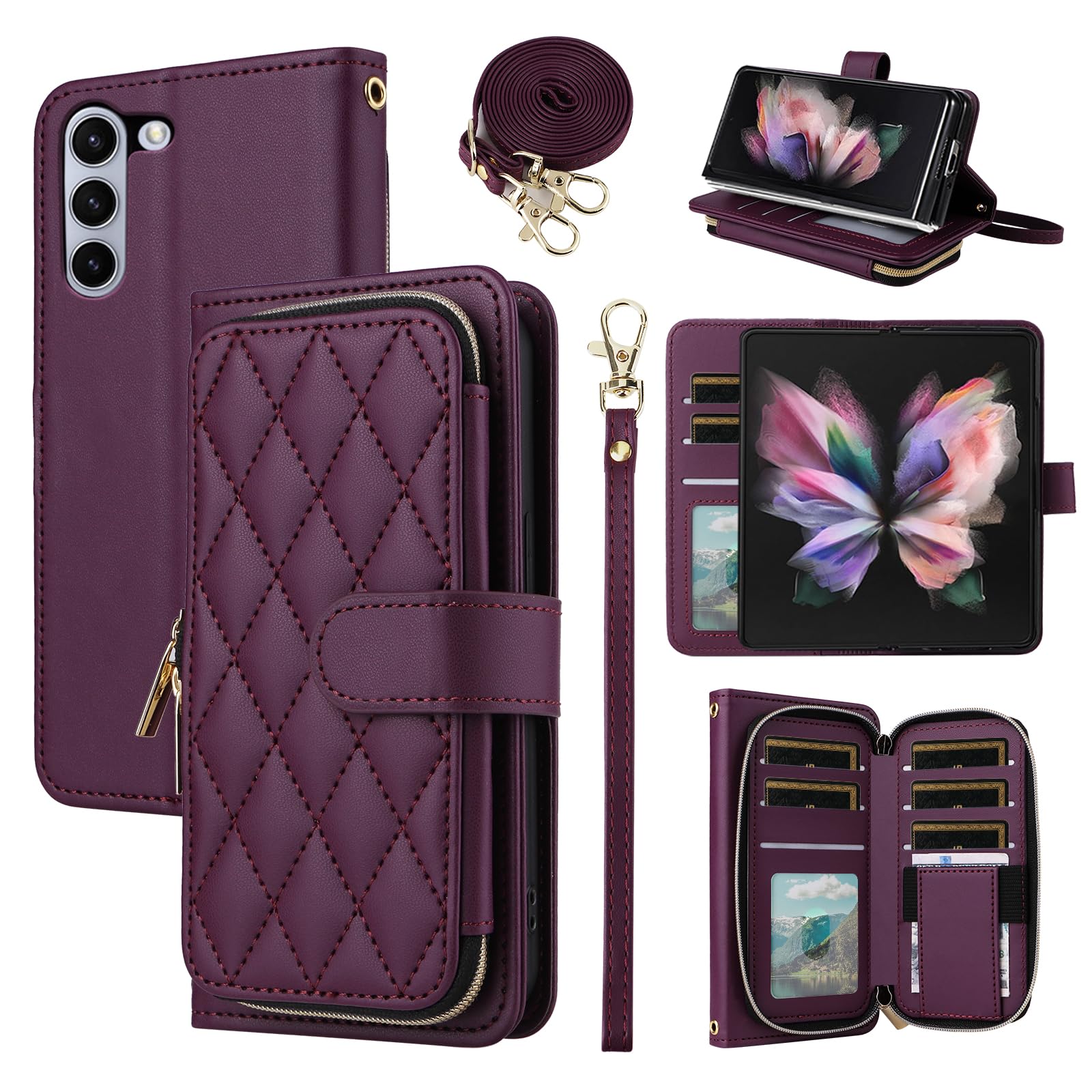 Photo 1 of Furiet Wallet Case for Samsung Galaxy Z Fold 5 5G 2023, Wrist Strap Crossbody Shoulder Strap, 9+ Card Slots Zipper Purse, Luxury PU Leather Stand Cell Phone Cover for ZFold5 Z5 G Fold5 5Z Deep Purple