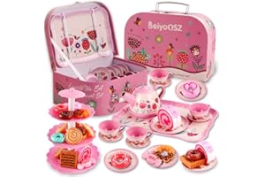 BEIYOQSZ Tea Party Set for Little Girls, Princess Tea Time Toy with Food Sweet Treats Playset Carrying Case, Tea Set Birthday Gift Toys for 3 4 5 6 7 8 Year Old Girls Todler