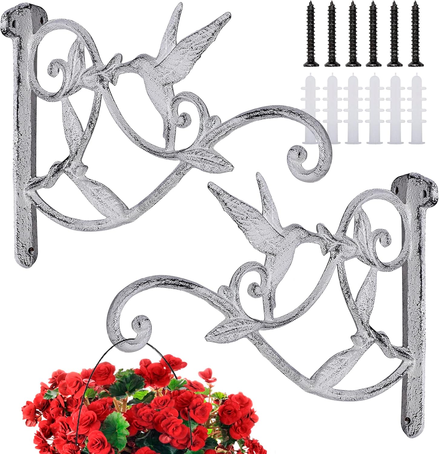 Outdoor Hanging Brackets - FLORWOD 2pcs Heavy Duty Metal Plant Wall Hangers, 10 Inch Plant Hanger Bracket, Decorative Lantern Hooks Cast Iron Wall Hummingbird Hooks, Rustic White