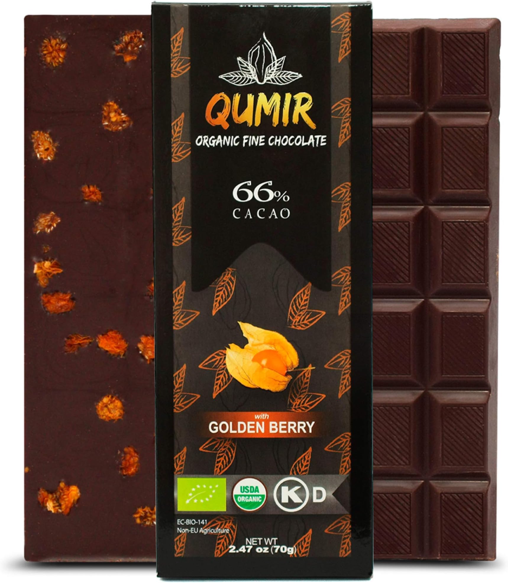 Dark Chocolate Bars by QUMIR | 1 BAR | with Golden Berry Fruit | Amazonian Chocolate | Organic Vegan | 2.47oz each