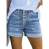 Sidefeel Womens Jean Shorts High Waisted Stretchy Buttoned Folded Hem Zimbaplatinum Denim Shorts