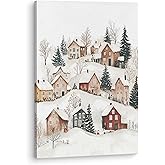 BUJSP Vintage Christmas Village Winter Wall Art Decor,Winter Decor For Christmas，Cozy Snowy Landscape Village Scene Canvas Prints Pictures Wall Decorations for Home Bedroom Living Room,14x11 Inches