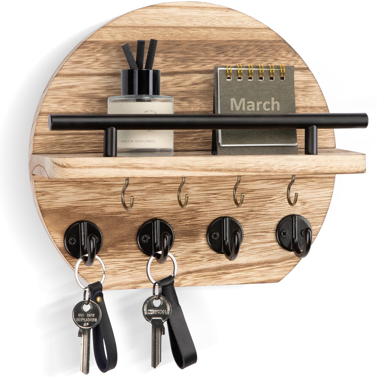 Photo 1 of Nekon Key Holder for Wall - 9.8 Inch Apartment Wall Decor with Shelf and 8 Key Hooks, Circular Wood Key Hanger for Home Decor (Wood)