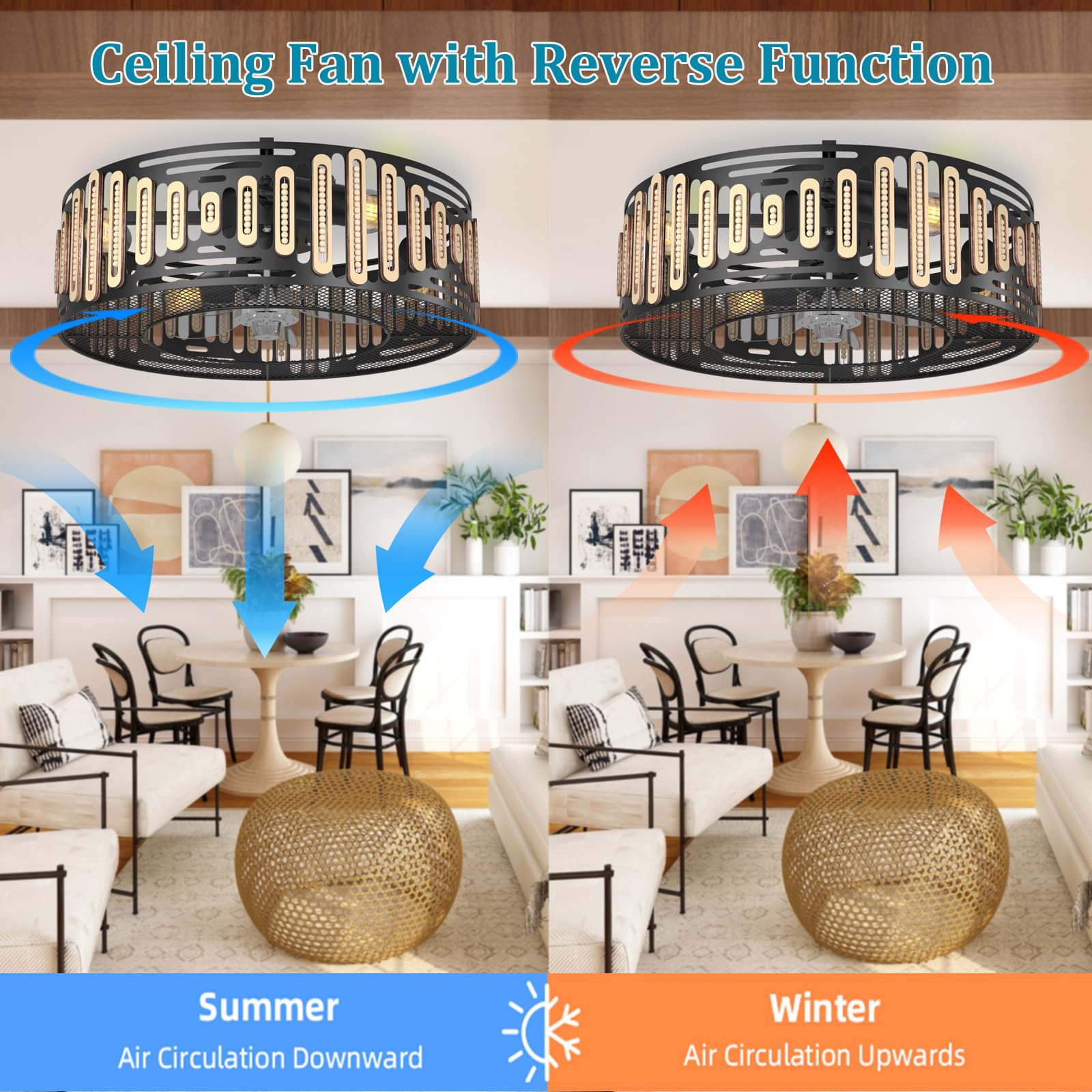 Prichor Modern Caged Ceiling Fan with Light and Remote - Black Outdoor Ceiling Fan with Dimmable and Reversible Fan Blades, 6 Speed Caged Ceiling Fan, 2H Timing (E27 Bulbs Included)