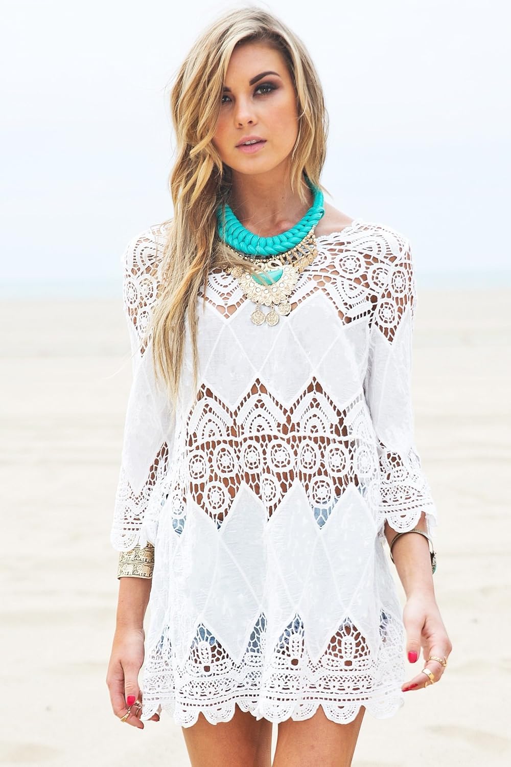 Women's Bathing Suit Cover Up Lace Crochet Tunic Bikini Beach Dress (M, White) at  Women’s Clothing store