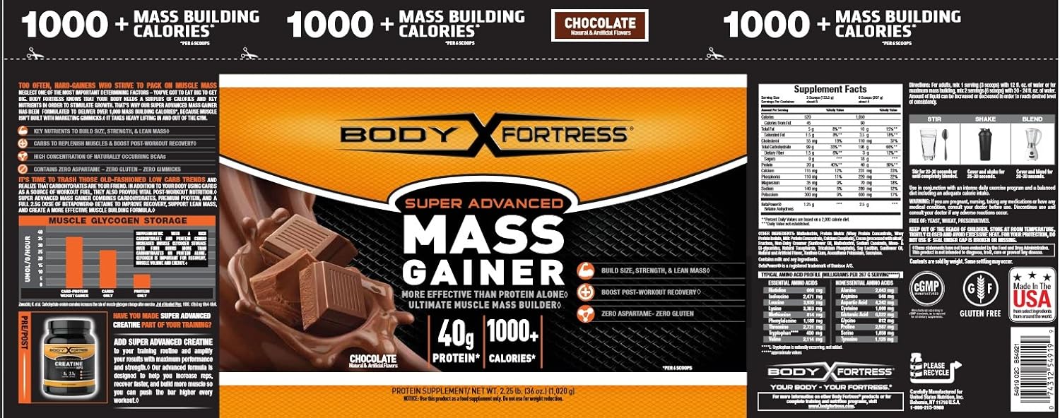 Body Fortress Super Advanced Whey Protein Powder Mass Gainer, Gluten Free, Chocolate, 2.25 lbs: Health & Personal Care