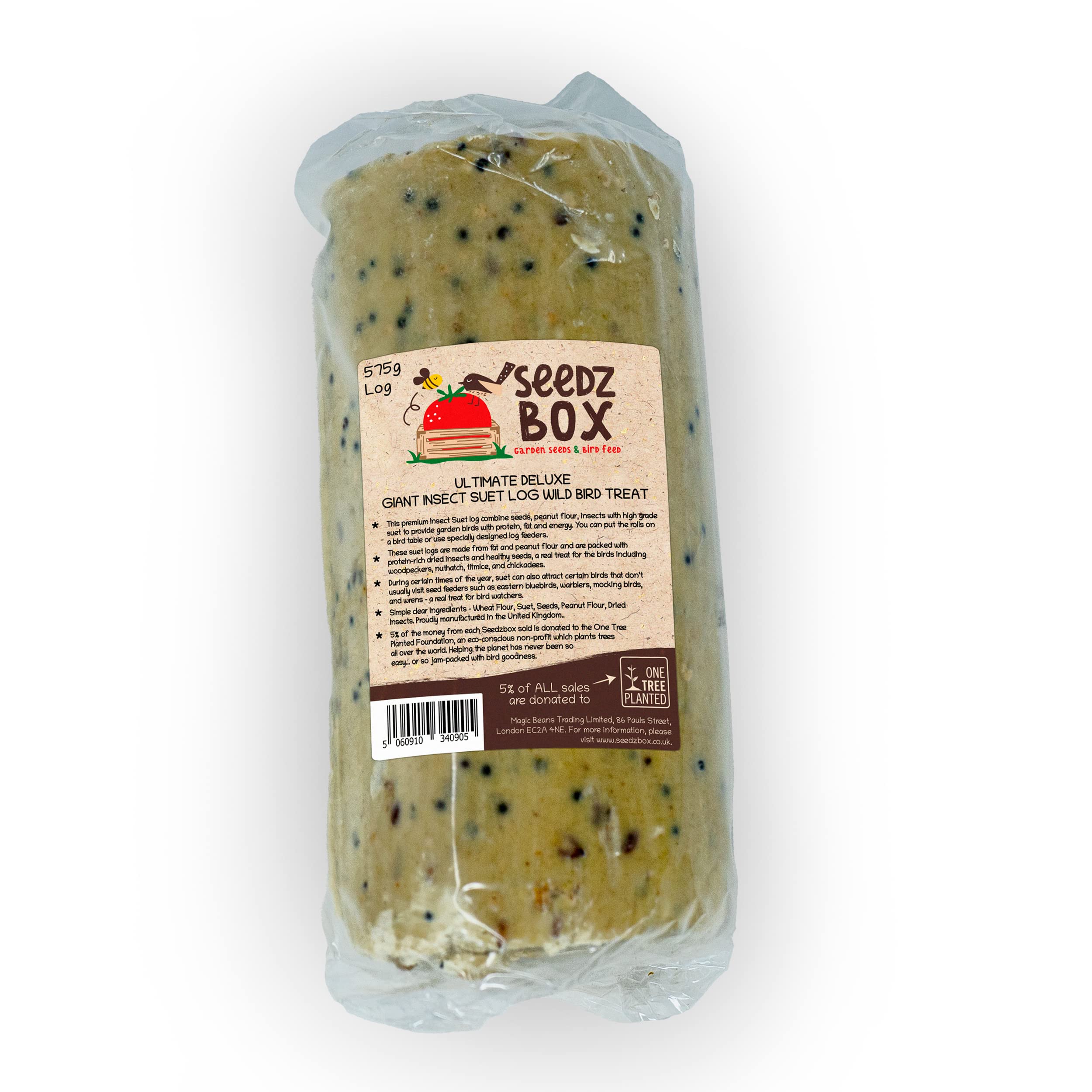 Giant Suet Block For Wild Birds 575g - Seedzbox Deluxe Insect Suet Log Treat - Rich in Protein and Fat - Dried Insects Fat Log - Ideal For Log Feeders and Garden Bird Tables