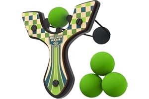 Mighty Fun! - Mischief Maker® Wooden Slingshot - Racing Series - Real Wood Slingshot for Kids, 4 Soft Foam Balls and Storage Bag - Ages 4+ (Green)