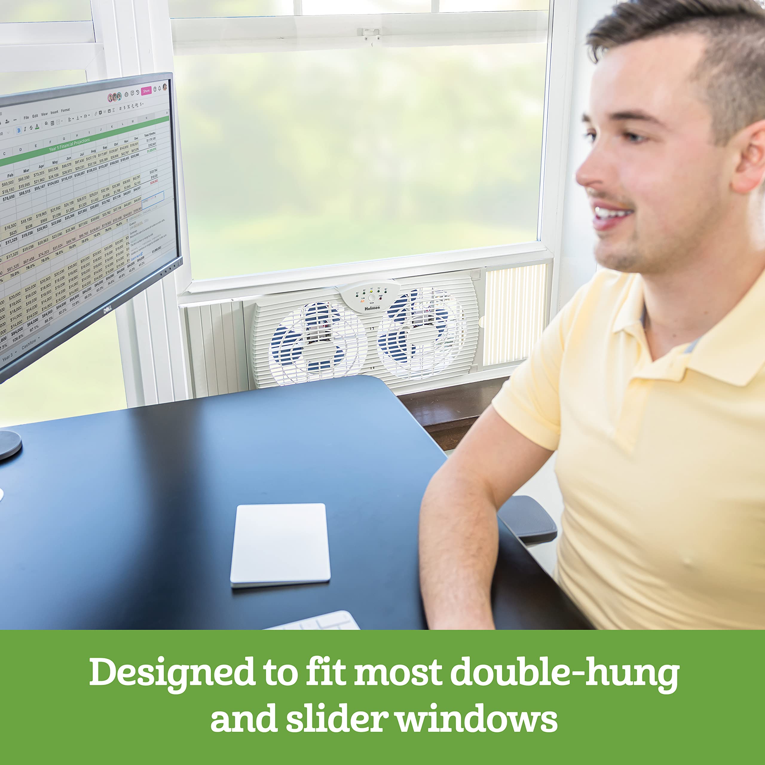 HOLMES Dual Blade Digital Window Fan with Programmable Thermostat Control, Dual 3 Blade Fans, 2 Speeds, Expandable Side Panel with Additional Extender Panels, White