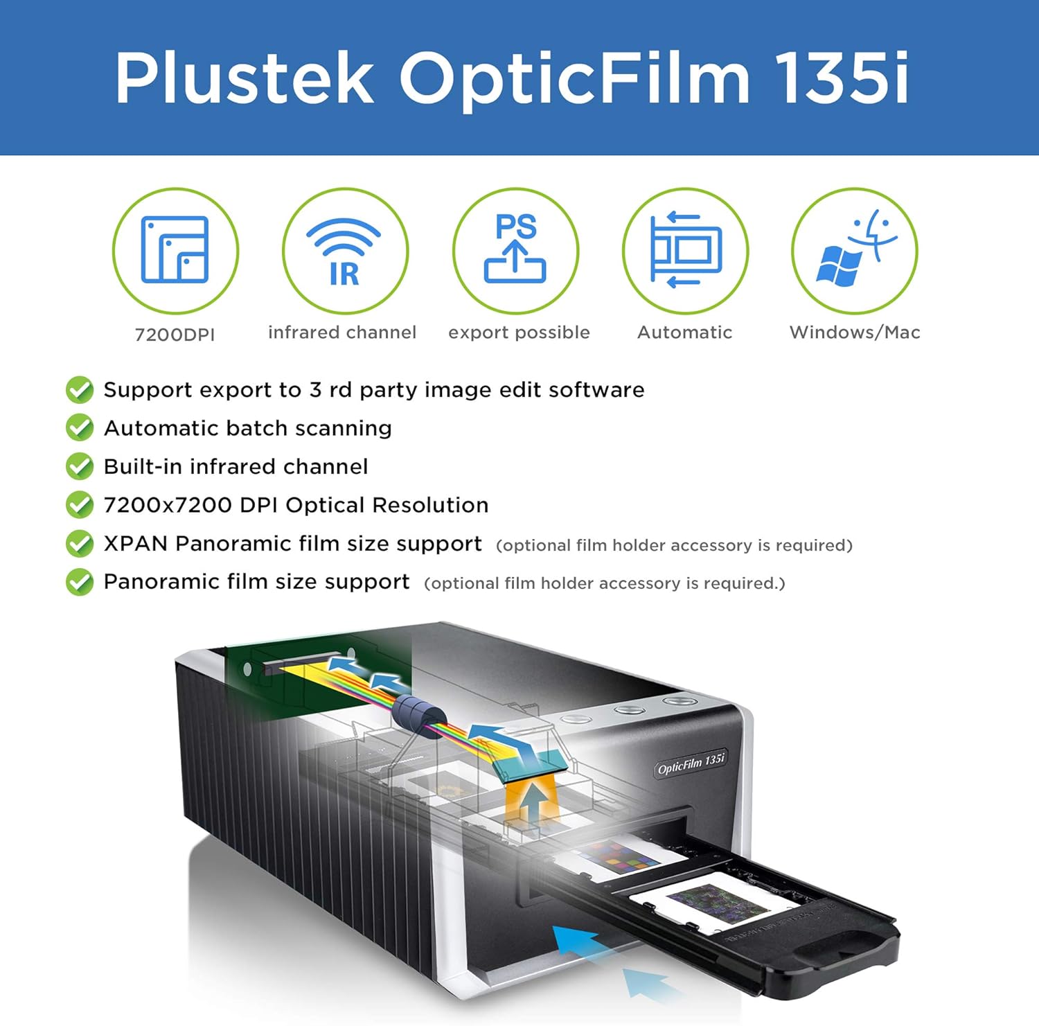 Plustek OpticFilm 135i - Automatic Film & Slide Scanner, Batch converts 35mm Slides & Film Negatives, Support 3rd Party Editing Software Export with 7200 dpi Resolution and Infrared Dust/Scratch Remo: Electronics