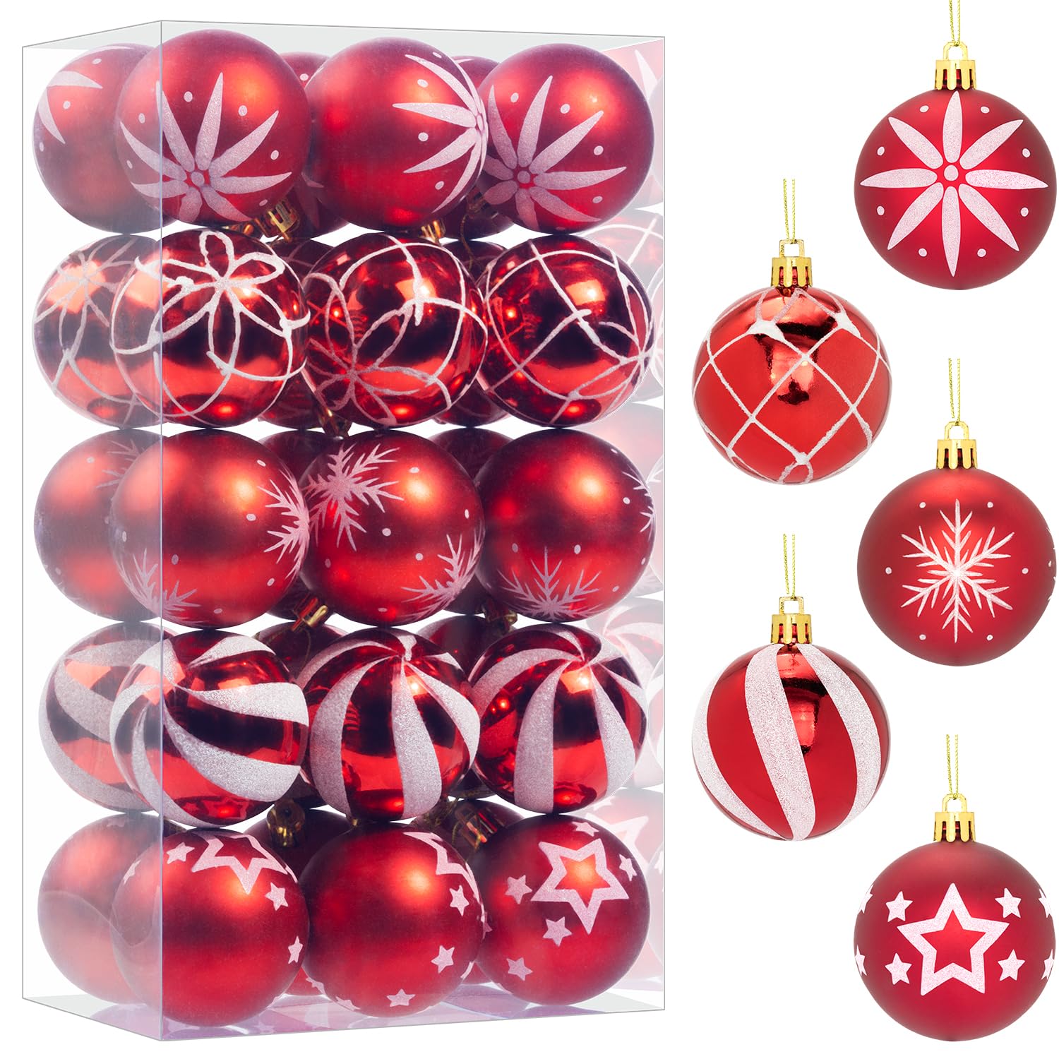 Photo 1 of 30 Pcs Christmas Ball Ornaments Set, 2.36'' Red and White Hand-Painted Ornament Bulk for Xmas Tree, Shatterproof Tree Decorations for Holiday Party, Wreath, Winter Décor