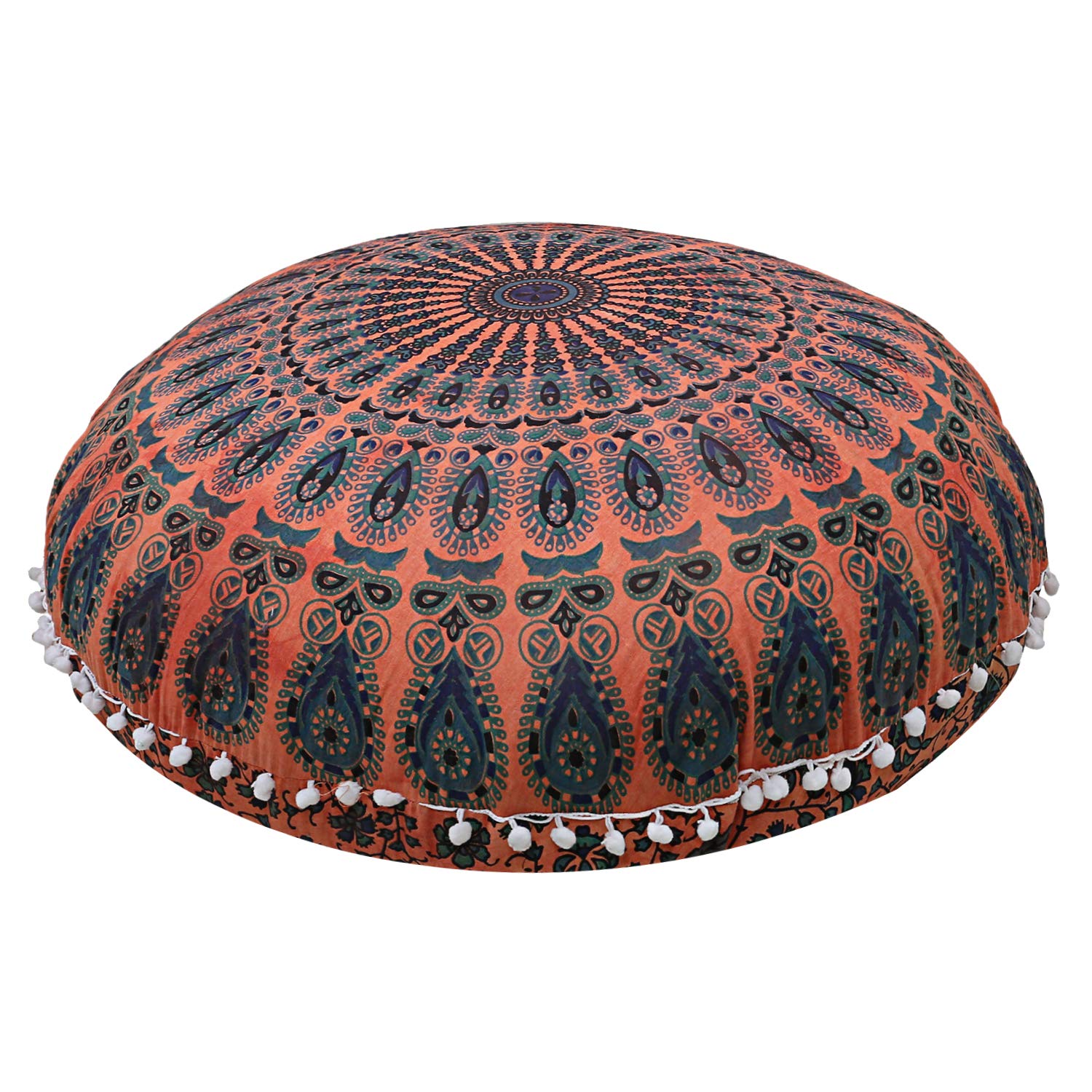 Radhykrishnafashions Indian 32" Large Hippie Mandala Floor Pillow Cover Cushion Cover Round Bohemian Yoga Decor Floor Cushion Case (ORANGE DYE)