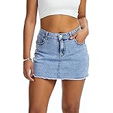 YOCUR Women Denim Skirt Casual Stretchy Middle Waisted Denim Skirt Tassel Hem Button Zipper Pocket Mini Jean Skirts
