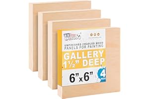U.S. Art Supply 6" x 6" Unfinished Cradled Wood Panels for Painting, Gallery 1-1/2" Deep (4 Pack) - Artist Depth Wooden Wall Canvases - Mixed-Media Craft, Acrylic, Oil, Encaustic, Paint Pouring