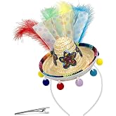 Wittocs Mini Sombrero Hat Headband with Feathers for Mexican Fiesta Costume | Classic Mini Straw Hat with Colorful Pom Poms – Fun Costume Accessory for Adults, Mexican Fiesta Party Supplies